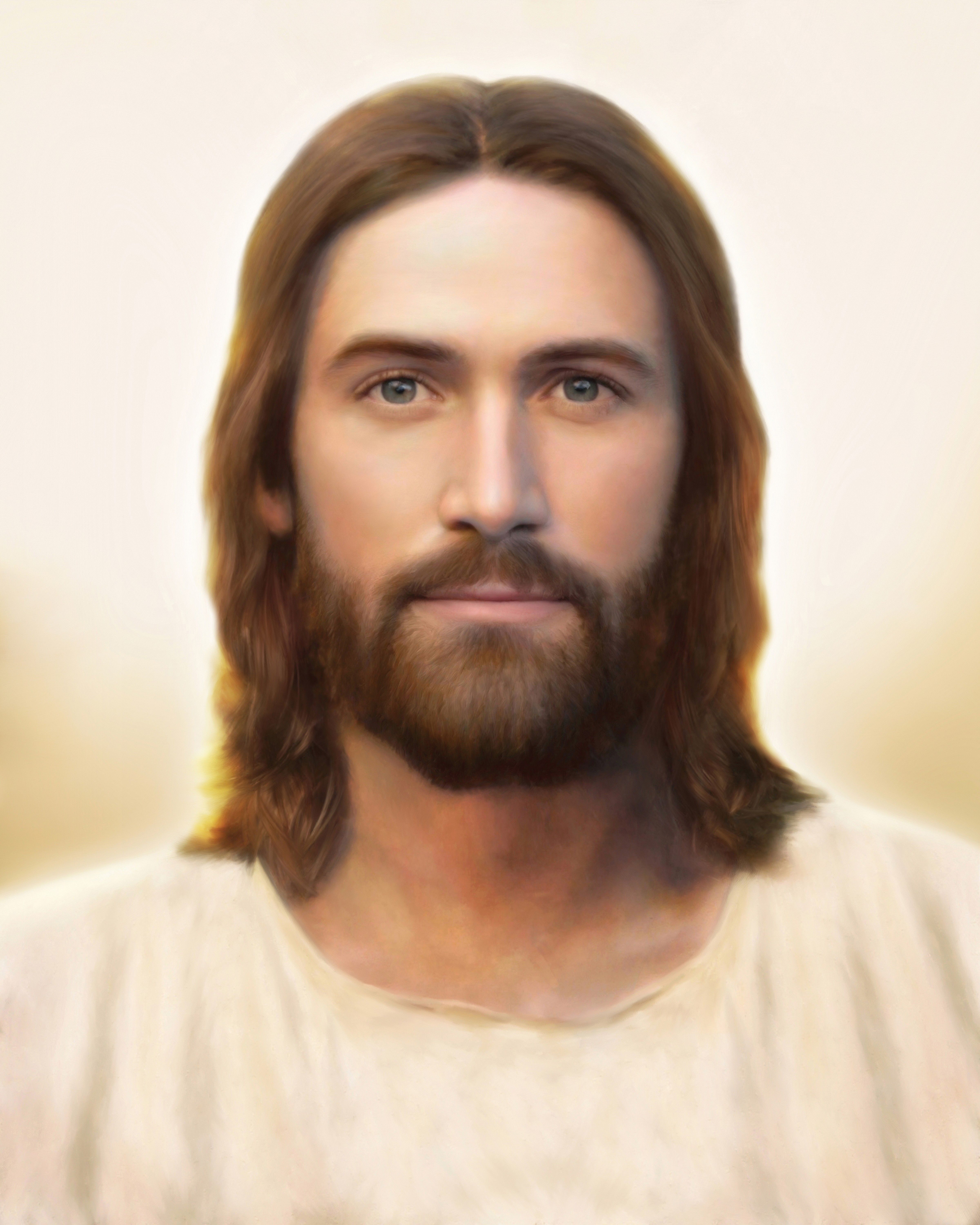 Light of the World, by Brent Borup, A close-up of Jesus on a white background, light on the background in a circle originating behind His head